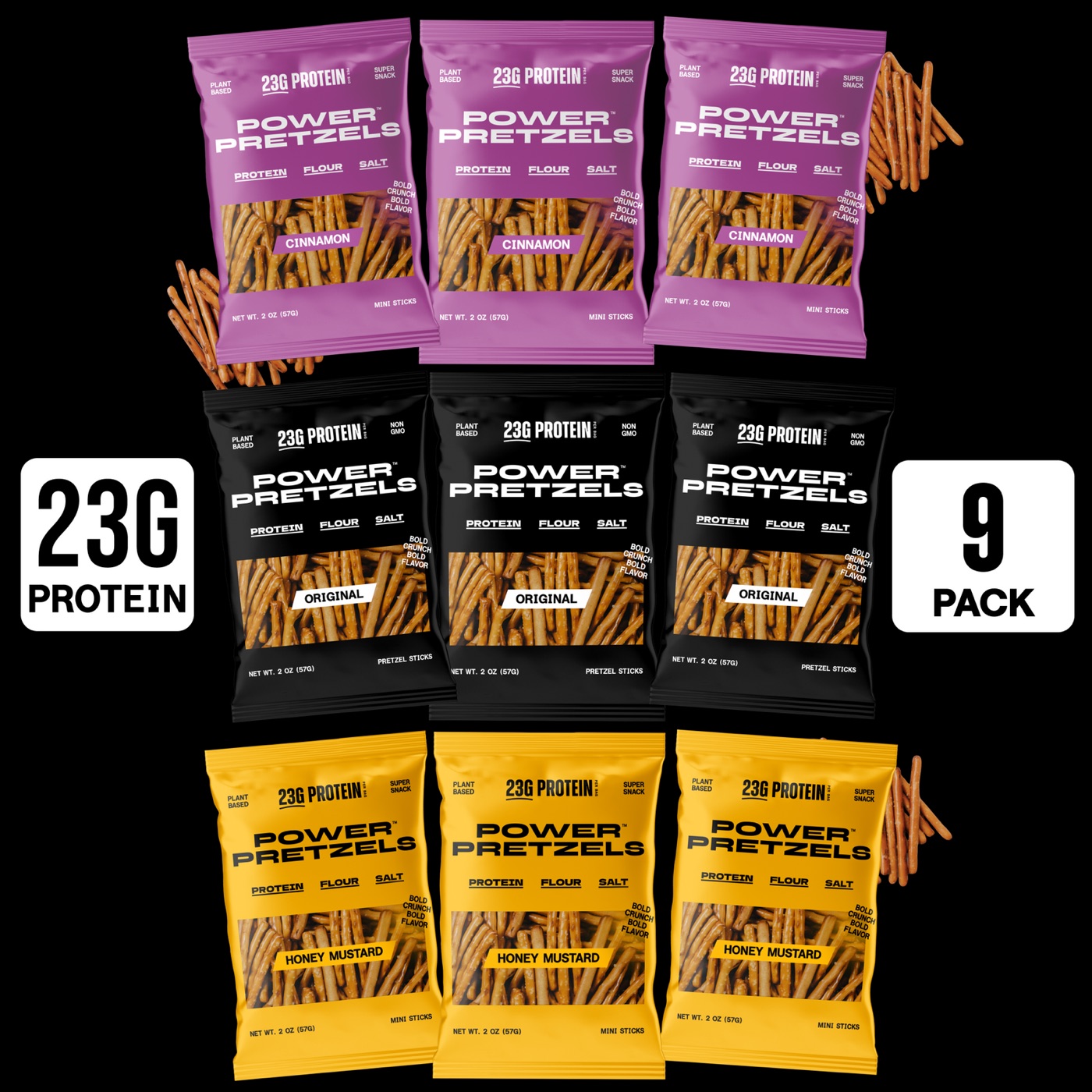 Nine bags of Power Pretzels